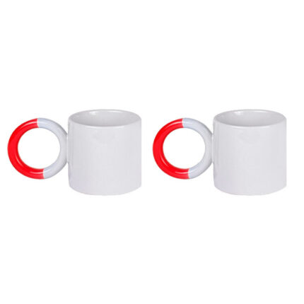Kırmızı Halka Kulplu Porselen Kupa Bardak - 2'li set